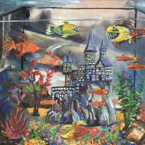 May include: A painting of a fish tank with a castle in the middle. The castle is made of stone and has a pointed roof. There are fish swimming around the castle, including a yellow fish with a long tail, a red fish with a long tail, and a blue fish with a short tail. The fish tank is surrounded by plants and rocks.