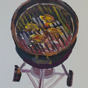 May include: A hand-painted illustration of a charcoal grill with a black base and a round, silver-colored cooking grate. The grill is filled with yellow and orange food items, suggesting they are being cooked.