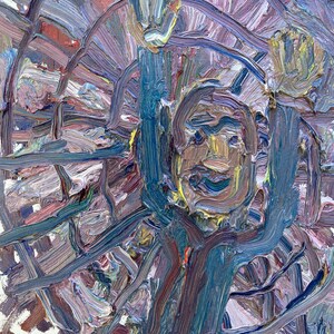 May include: Abstract painting of a person with a blue, purple, and brown color scheme. The person's face is visible and has a smiling expression. The painting is done in a thick, impasto style.