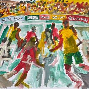 以下が含まれることがあります： アイスホッケーの試合を描いた表現力豊かな絵画。赤と黄色のジャージを着た選手たちがゴール付近で競い合っている。リンクのフェンスには、様々な国際的な罵り言葉が書かれたカラフルなパネルが配置されている。