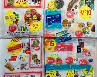 May include: A colorful hand-painted grocery store advertisement with deals on hot dogs, fresh produce, Coca-Cola, and other items. The ad features the text "Ralphs" and "Get your savings in the app today".