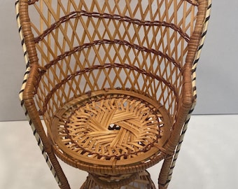 Vintage Wicker Rattan Doll Chair 16” Plant Stand Peacock Fan Back