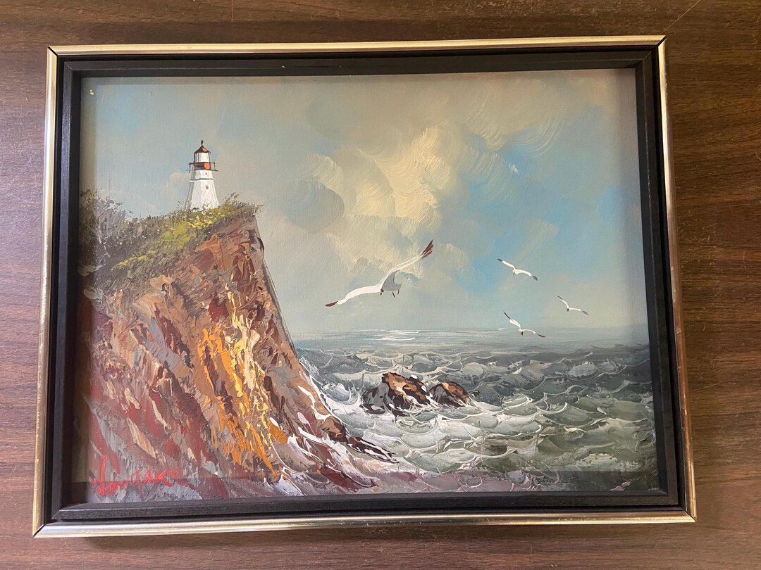 油絵「海辺と灯台」額付き ヴィンテージ油絵 海辺の風景 灯台付き サイン入り 額入り L17xH13