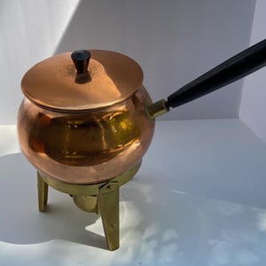 Koppar & Mässing Vintage Fonduegryta - Fondueställ med Ljushållare - Mitten av århundradet Köksartiklar - Retro Matpresent - Retro Köksartiklar