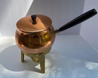 Copper & Brass Vintage Fondue Boiler Pot - Fondue Stand with Candle Holder - Mid-Century Kitchenware - Retro Dining Gift - Retro Kitchenware