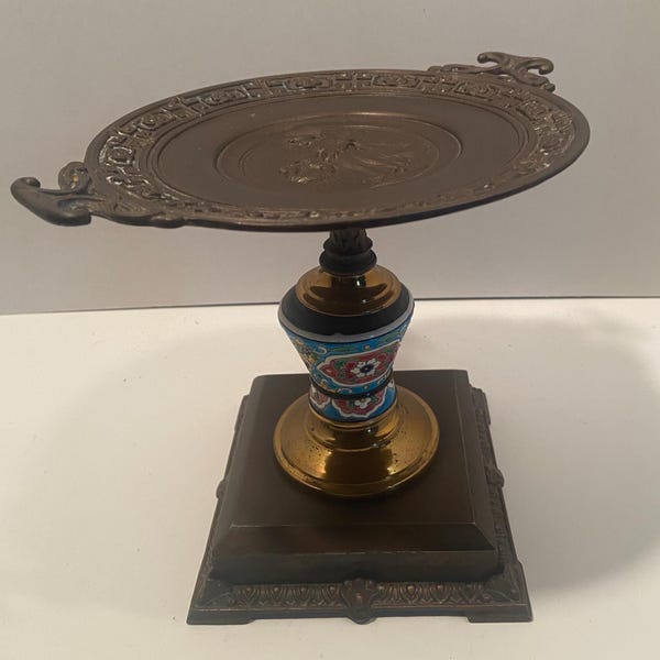 Antique Bronze Tazza Hand-Painted Enamel Stem Pedestal Base