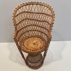 Vintage Wicker Rattan Doll Chair 16” Plant Stand Peacock Fan Back