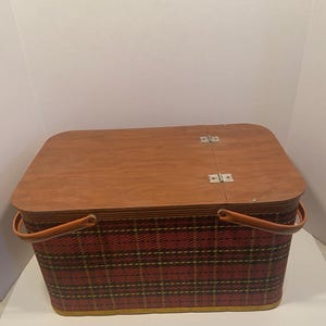 Vintage Mid-Century Red Plaid Picnic Basket- Tray Included- Missing A Leg- Wooden Lid - Metal Handles
