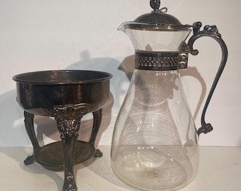 Vintage Silver Plate and Glass Coffee Tea Carafe and Warming Stand