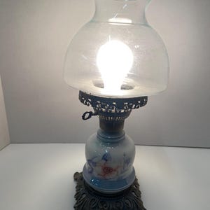 Vintage Small Victorian Style Hurricane Lamp with Pink & Blue Flowers 16in