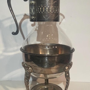 Vintage silverplåt och glaskaffe, tekanna och värmeställ