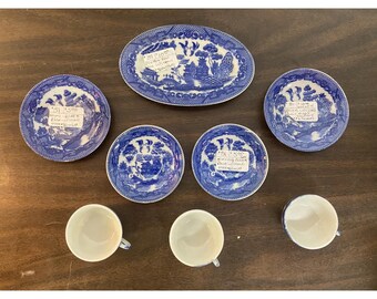 Seltenes Vintage-Teeservice „Blue Willow Mini 8-teilig“ aus japanischem Porzellan