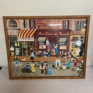 Vintage French Folk Art Framed Print L21xH17&quot;