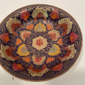 Vintage Indian Etched Brass Metal Enamel Hand-Painted Footed Bowl Floral Motif - Decorative Brass Bowl -Handcrafted Indian Dish -Home Decor