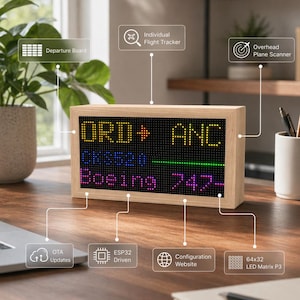 May include: A wooden-framed LED display showing flight information. The display shows "ORD" and "ANC" with flight details. Features include "Departure Board," "Individual Flight Tracker," and "Overhead Plane Scanner." Additional text includes "OTA Updates," "ESP32 Driven," and "Configuration Website."