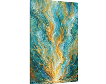 Teal and Gold Flame Abstract Wall Art | Matte Stretched Vertical Canvas | 8" x 10" to 40" x 60"