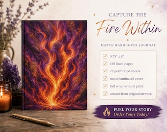 Mystical Purple and Gold Bonfire Hardcover Journal | Matte Writing Notebook | Gift for Writers | Original Abstract Art Journal