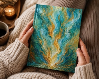 Teal and Gold Flame Hardcover Journal | Matte Writing Notebook | Gift for Blue Lovers | Original Abstract Art Journal
