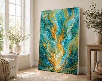 Teal and Gold Flame Abstract Wall Art | Matte Stretched Canvas