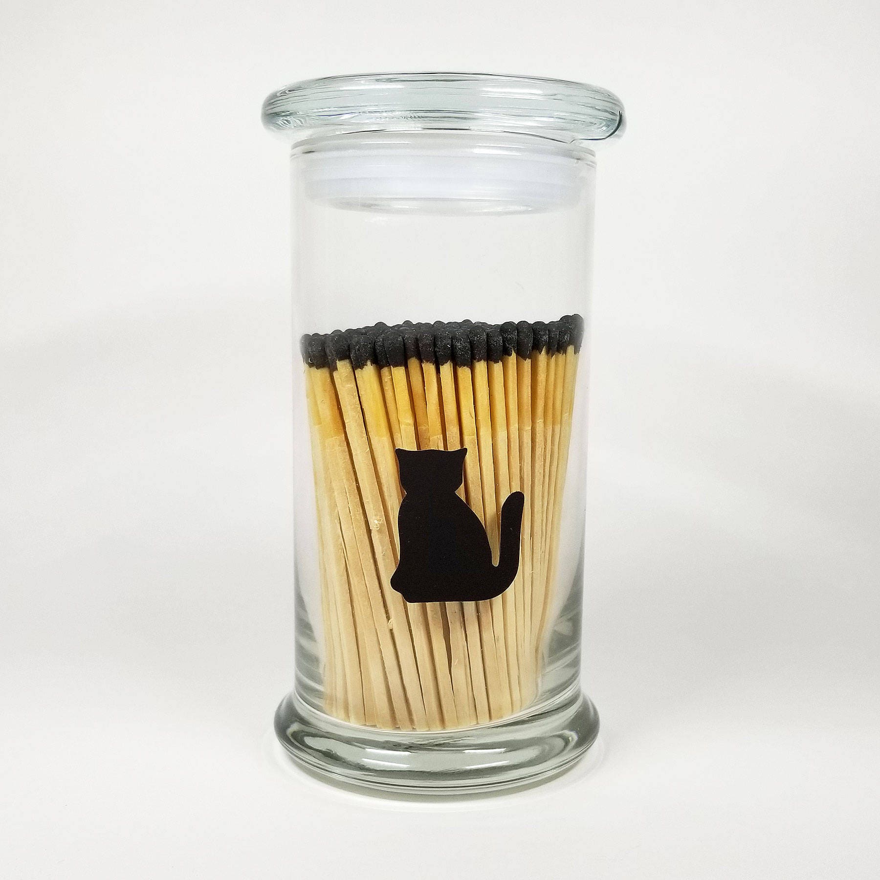 Large Glass Match Holder Jar Cat Striker Etsy