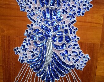 Pretty Sequin Bodice Bead Applique Fringe Blue Sew On Dancewear/Belly Dance/Samba/Tutu