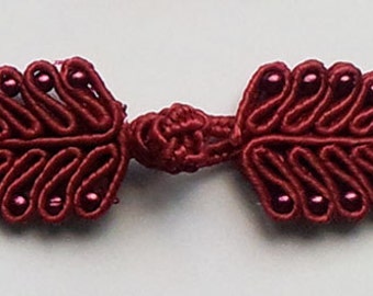 Six (6) pairs burgundy (wine) bead Chinese Frogs fasteners closure buttons bohemian fashions leaf LAST FIVE LOTS