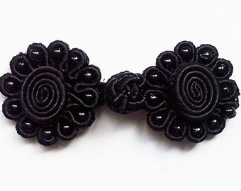 Ten pairs black bead round daisy Chinese Frogs fasteners closure buttons cute embellishment