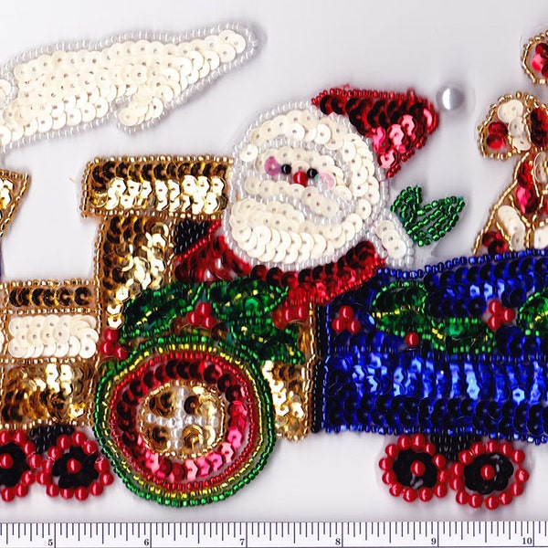 8.5" Santa Christmas train candy bead sequin applique sewing patch crafts Xmas LAST TWO APPLIQUES