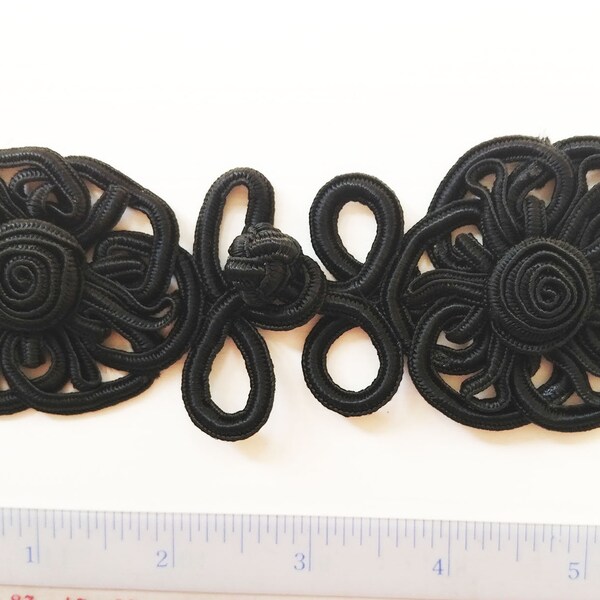 Two large black round Chinese Frogs macrame braided fasteners closure buttons DIY art sewing tailor clothing craft wedding family