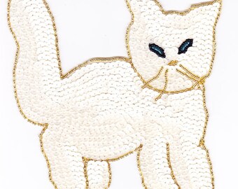 6'5" beautiful cream cat sequin bead applique animal pet