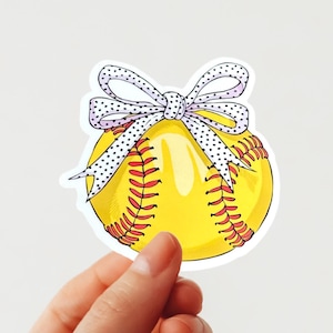 Softball and Bow Sticker, Die Cut Easy Peel Vinyl Sticker, Laptop Sticker, Water Bottle Sticker, Sports Sticker, Softball Mom