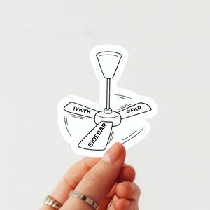 Puede incluir: Una pegatina blanca con un dibujo lineal negro de un ventilador de techo. Las aspas del ventilador tienen las palabras "IYKYK", "#FKR" y "SIDEBAR". La pegatina está sujeta por una mano con anillos.