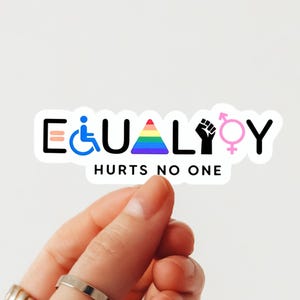 May include: A white sticker with the word "EQUALITY" in black letters, with symbols representing disability, LGBTQ+, and gender equality. The text "HURTS NO ONE" is below the word "EQUALITY".