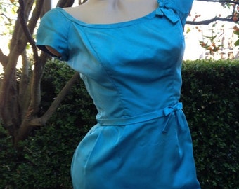 1950's Vintage Jane Andre Aqua Blue Bombshell Wiggle Dress~Pin Up Girl