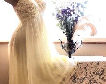 Authentic 1950’s sunshine yellow chiffon Vanity Fair peignoir nightgown and robe set