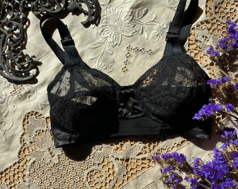 Authentic 1950’s Vintage Black Satin Bullet Bra - Flexaire by Flexees