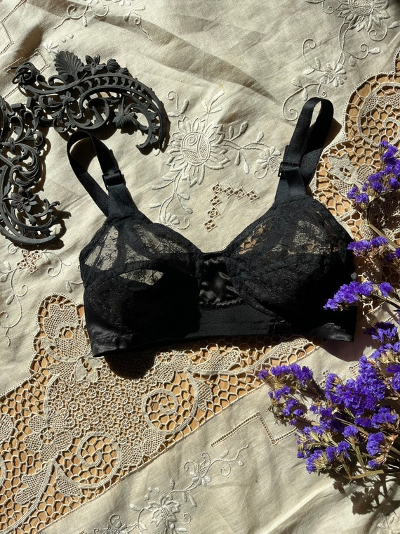 Authentic 1950s Vintage Black Satin Bullet Bra Flexaire by Flexees