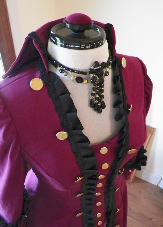 Pirate Frock Coat Jacket in Burgundy Decorator Cotton Twill with Satin Lining.