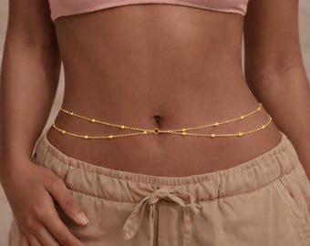 ゴールド＆シルバーのビーズウエストチェーン – 調節可能なレイヤードベリーチェーン – ミニマリストボディジュエリー – サマービーチビキニアクセサリー – 彼女へのギフト