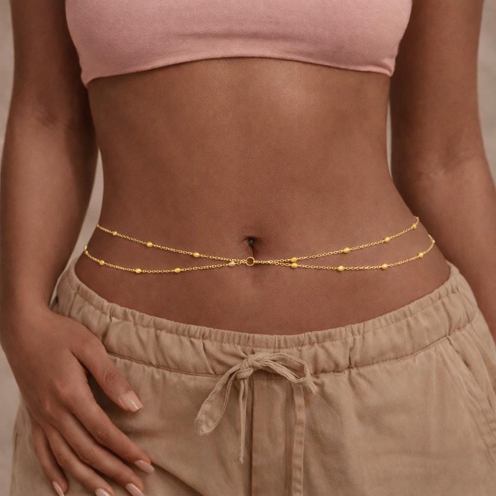 Generisch Vergoldete Mehrlagige Körperkette Mit Perlen – Verstellbare Taillenkette Als Bikini-Bauchkette, Hüftkette Oder Körperschmuck Für Damen