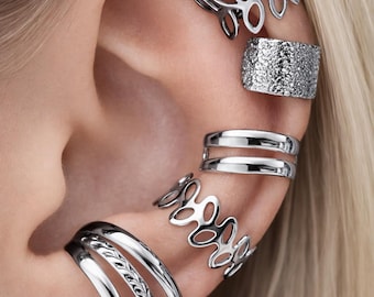 Juego de 5 pendientes tipo ear cuff con clip, sin perforación, en oro, plata y negro. Diseño minimalista para cartílago. Joyería para piercing falso.