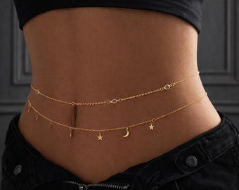 Mond-Taillenkette, himmlische Körperkette, goldener Bauchkettenschmuck, Boho-Taillenkette mit Mond und Sternen, Festival-Körperschmuck für Damen
