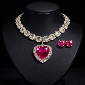 Peut inclure: Un ensemble collier et boucles d'oreilles de couleur dorée. Le collier présente de grosses pierres rondes et transparentes et un pendentif en forme de cœur avec une grosse pierre rose au centre. Le pendentif et les boucles d'oreilles sont entourés de petites pierres transparentes.