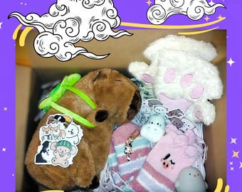 Caja de regalo de animales kawaii: Peluche de carpincho, lámpara de pollito y accesorios acogedores