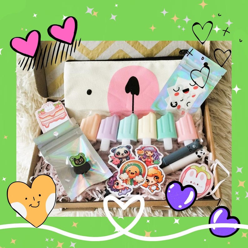 May include: A gift box filled with stationery and stickers. Includes a white pencil case with a bear face, colorful popsicle-shaped highlighters, and various cute character stickers. The box is decorated with heart-shaped accents.