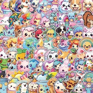 May include: A collection of colorful stickers featuring various cartoon characters and objects. The stickers include animals, food items, and fantasy creatures, all with a cute, kawaii aesthetic. The color palette is bright and cheerful, with a variety of pastel and vibrant hues.