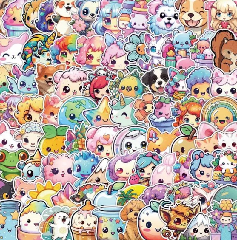 May include: A collection of colorful stickers featuring various cartoon characters and objects. The stickers include animals, food items, and fantasy creatures, all with a cute, kawaii aesthetic. The color palette is bright and cheerful, with a variety of pastel and vibrant hues.