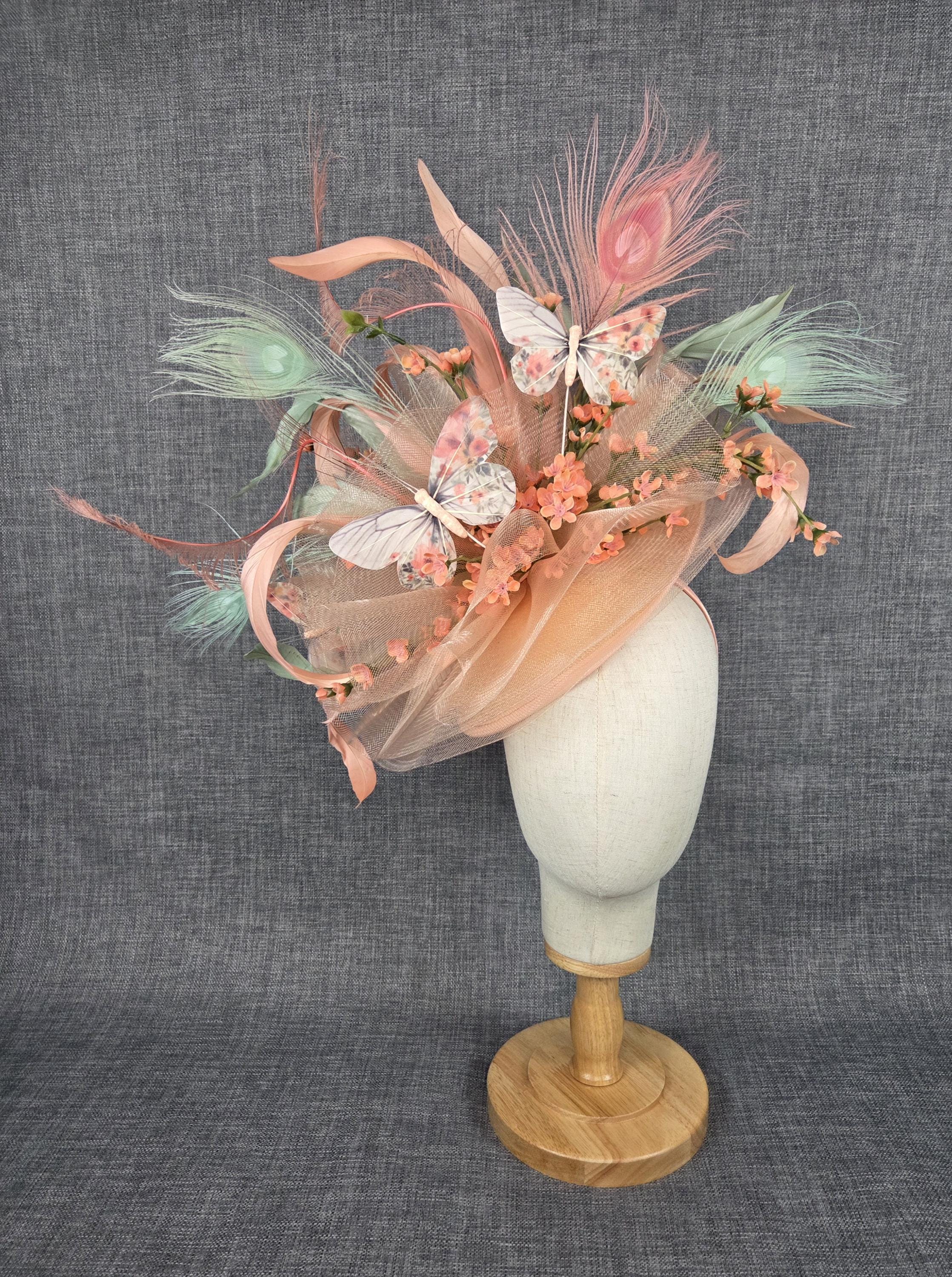 Vintage Custom Made Peach colored And Rhinestones Church/Wedding Hat - NWT Burnt Orange Fancy Elegant Church Hat With Flower, Mother of  main image 3