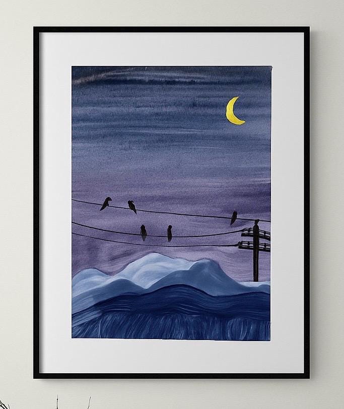 電線にとまる夜の鳥たち 水彩画 – 三日月山の風景画 - Etsy 日本
