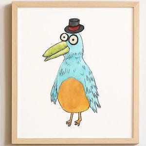 Lámina artística de pájaro caprichoso: divertida ilustración de pájaro azul con sombrero, decoración de pared con animales peculiares, regalo encantador para amantes de las aves, decoración para habitación infantil